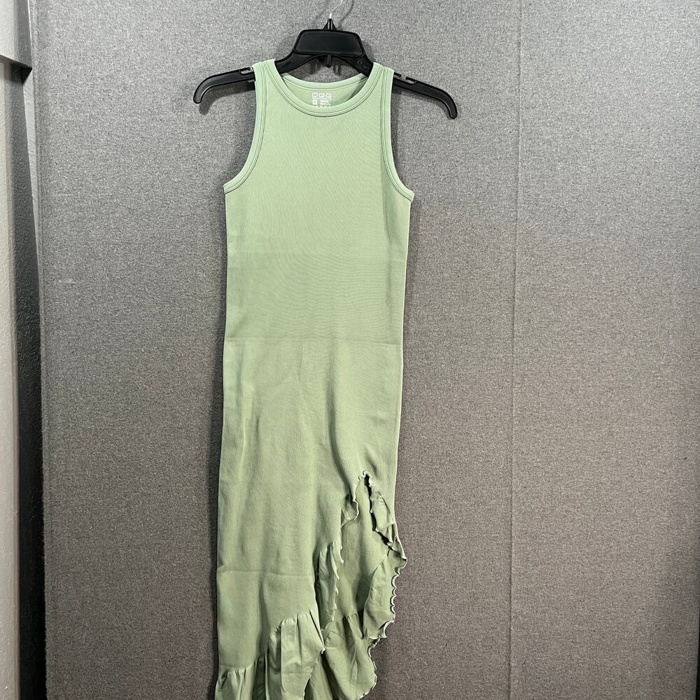 OQQ Dress Ribbed Halter Neck Fashion Tank Tops Dresses Ruffle Side Green Size M